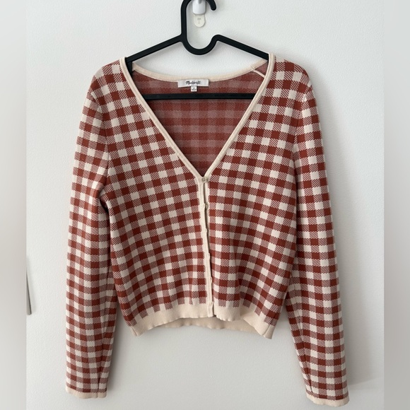 Madewell Sweaters - Madewell Rust and Cream Gingham V-Neck Cardigan